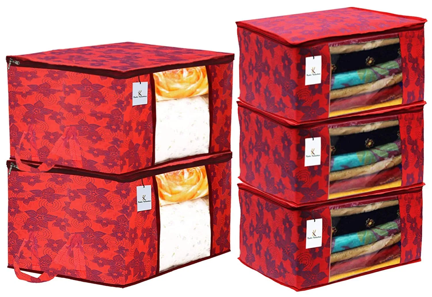Heart Home Metallic Printed Non Woven 3 Pieces Saree Cover and 2 Pieces Underbed Storage Bag, Cloth Organizer for Storage, Blanket Cover Combo Set (Red) - CTHH17931
