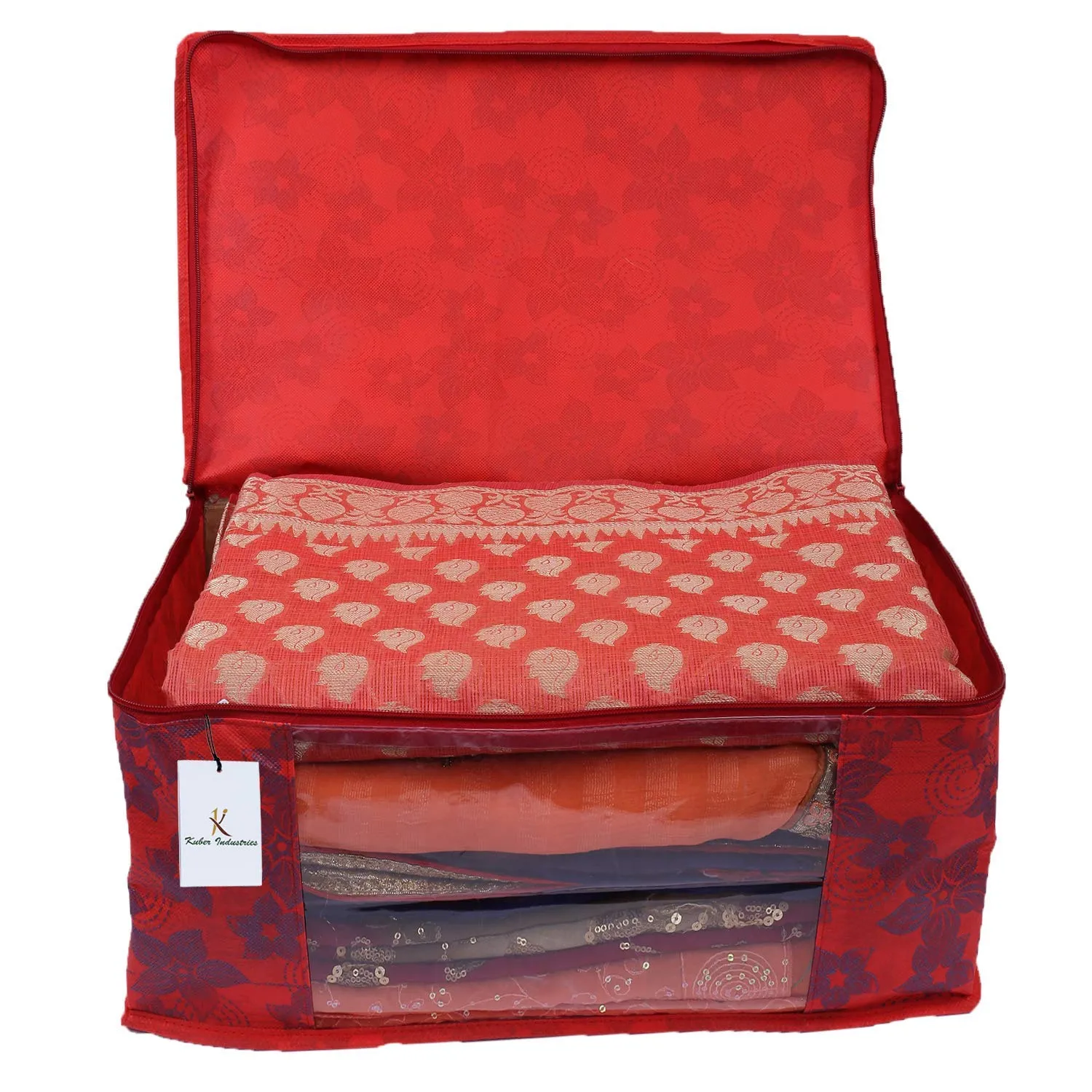 Heart Home Metallic Printed Non Woven 3 Pieces Saree Cover and 2 Pieces Underbed Storage Bag, Cloth Organizer for Storage, Blanket Cover Combo Set (Red) - CTHH17931