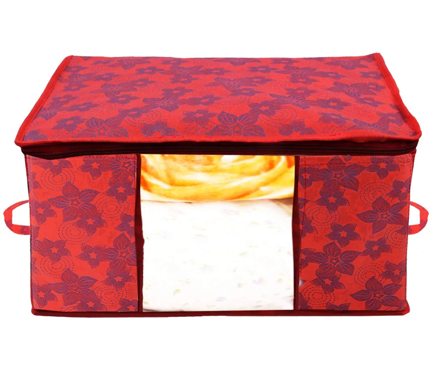 Heart Home Metallic Printed Non Woven 3 Pieces Saree Cover and 2 Pieces Underbed Storage Bag, Cloth Organizer for Storage, Blanket Cover Combo Set (Red) - CTHH17931