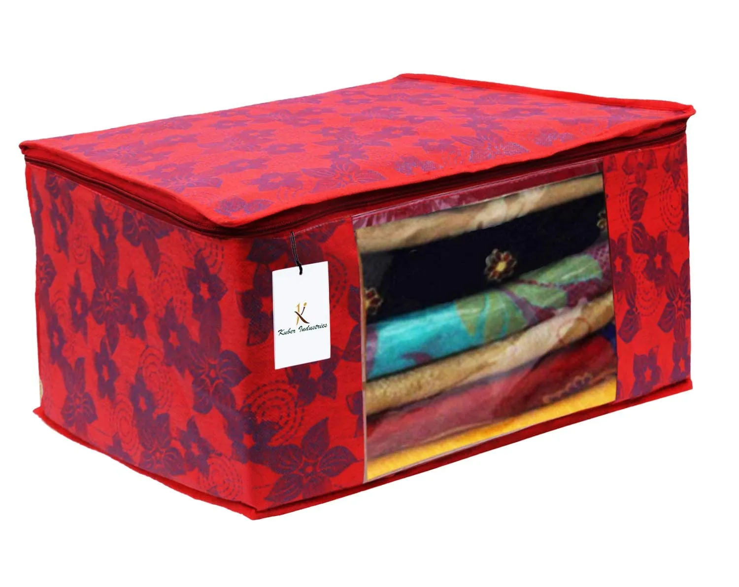 Heart Home Metallic Printed Non Woven 3 Pieces Saree Cover and 2 Pieces Underbed Storage Bag, Cloth Organizer for Storage, Blanket Cover Combo Set (Red) - CTHH17931