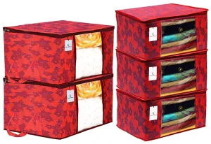 Heart Home Metallic Printed Non Woven 3 Pieces Saree Cover and 2 Pieces Underbed Storage Bag, Cloth Organizer for Storage, Blanket Cover Combo Set (Red) - CTHH17931