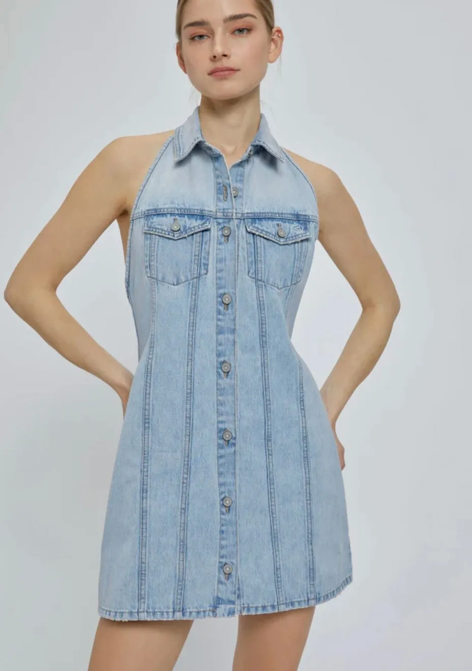 Hidden-Abbey Halter Denim Dress