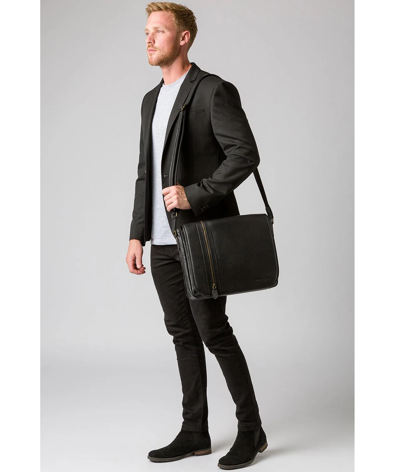 'Jefferson' Black Leather Messenger Bag