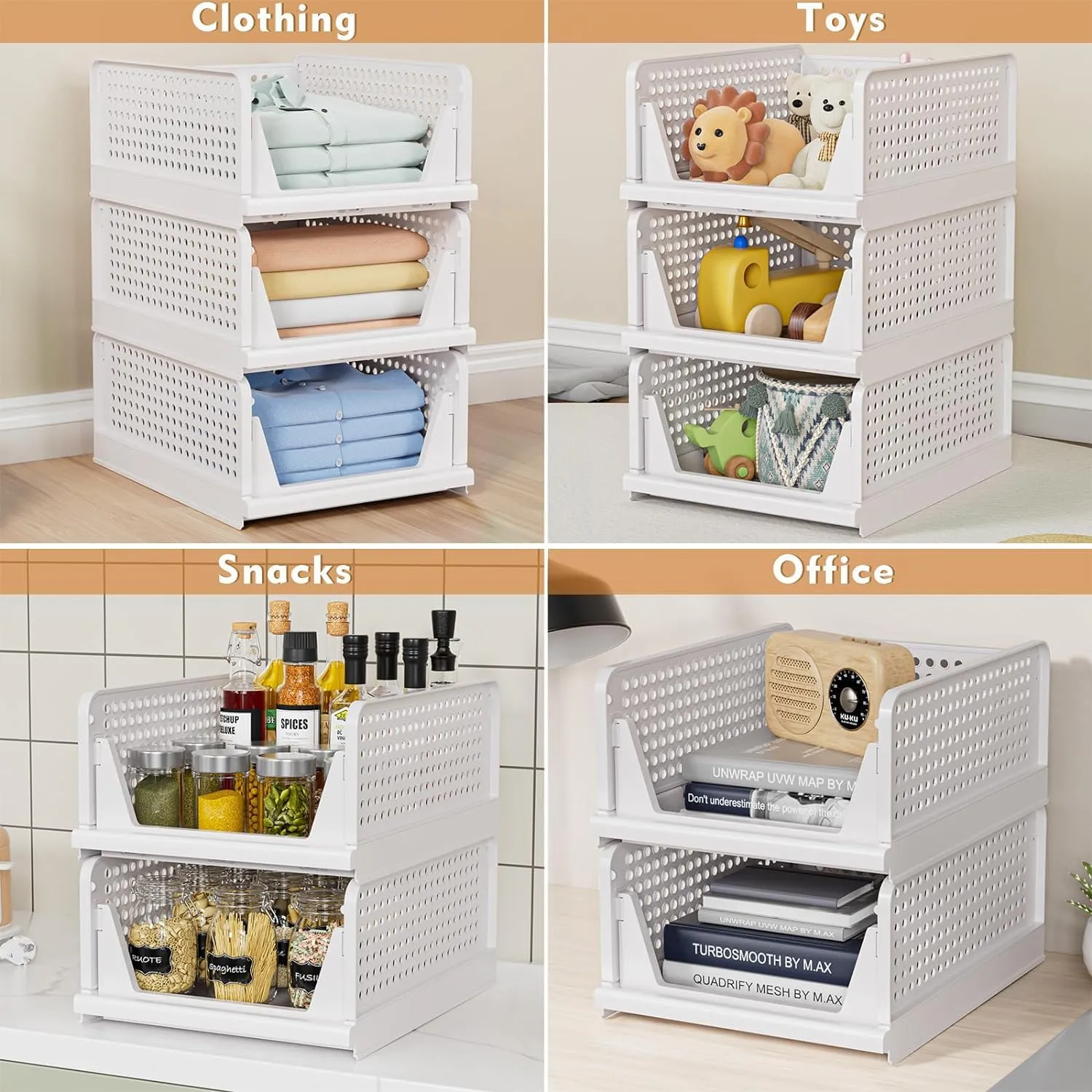 Kuber Industries Plastic Shirt Stacking Foldable Basket|Wardrobe Organizer For Clothes|Pack of 3| White