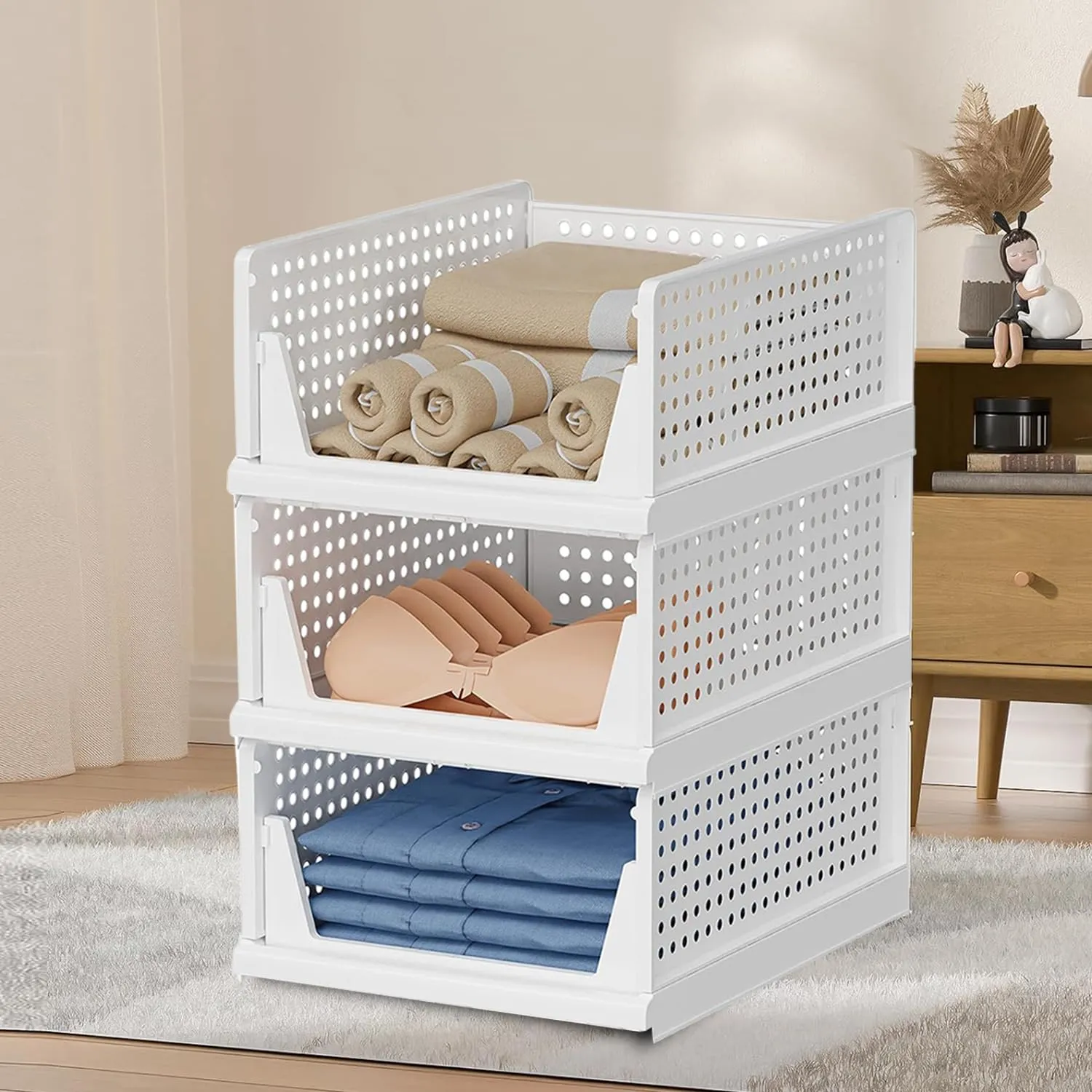 Kuber Industries Plastic Shirt Stacking Foldable Basket|Wardrobe Organizer For Clothes|Pack of 3| White