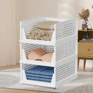 Kuber Industries Plastic Shirt Stacking Foldable Basket|Wardrobe Organizer For Clothes|Pack of 3| White