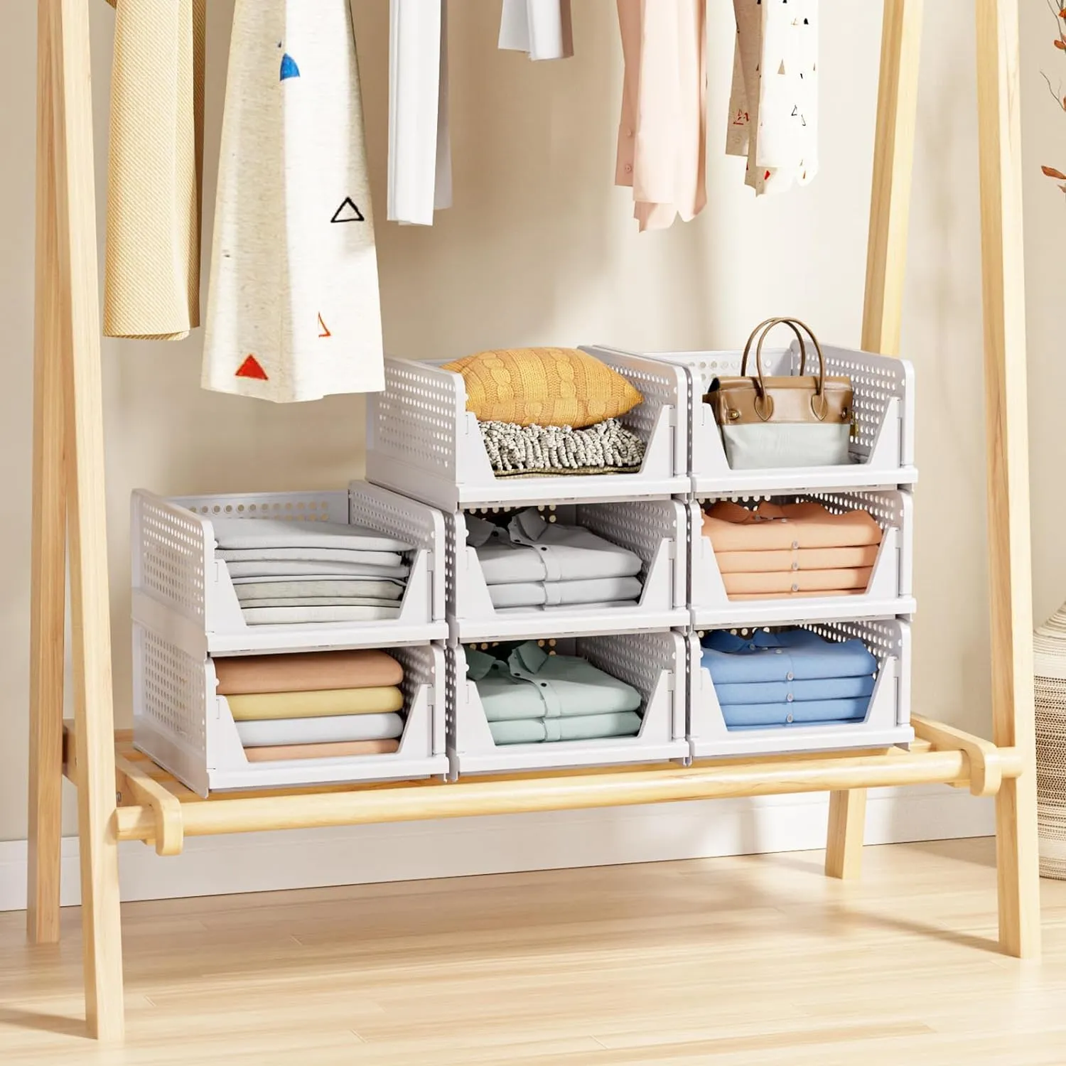 Kuber Industries Plastic Shirt Stacking Foldable Basket|Wardrobe Organizer For Clothes|Pack of 3| White