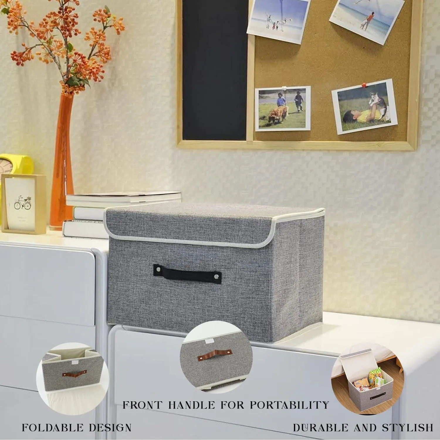 Kuber Industries Small Storage Box With Lid|Foldable Toys Storage Bin|Wardrobe Organizer For clothes|Front Handle & Sturdy Pack Of-2 (Grey)