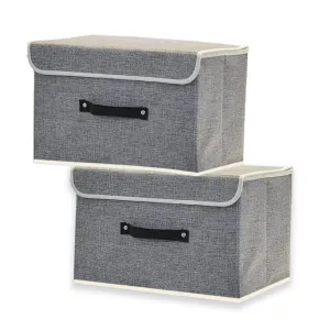 Kuber Industries Small Storage Box With Lid|Foldable Toys Storage Bin|Wardrobe Organizer For clothes|Front Handle & Sturdy Pack Of-2 (Grey)