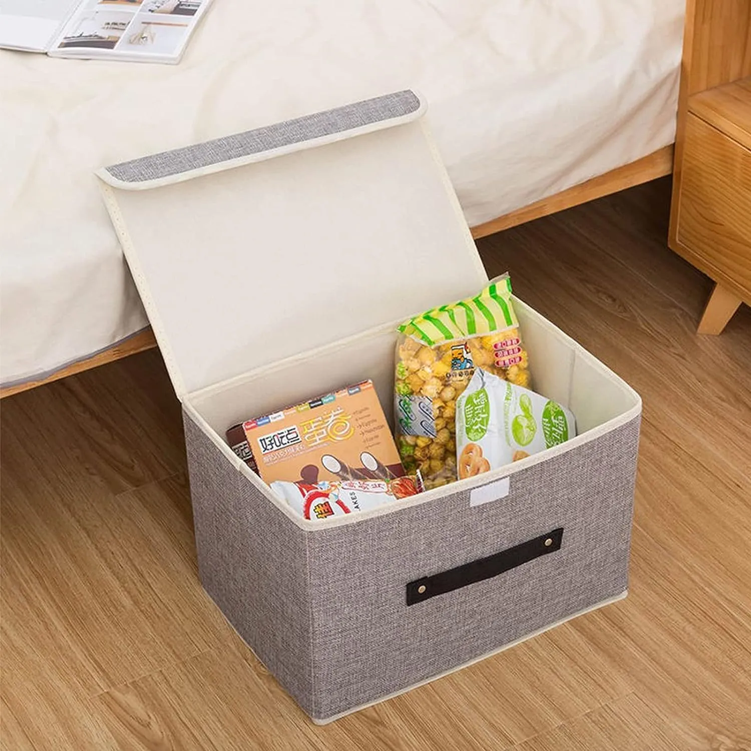 Kuber Industries Small Storage Box With Lid|Foldable Toys Storage Bin|Wardrobe Organizer For clothes|Front Handle & Sturdy Pack Of-2 (Grey)