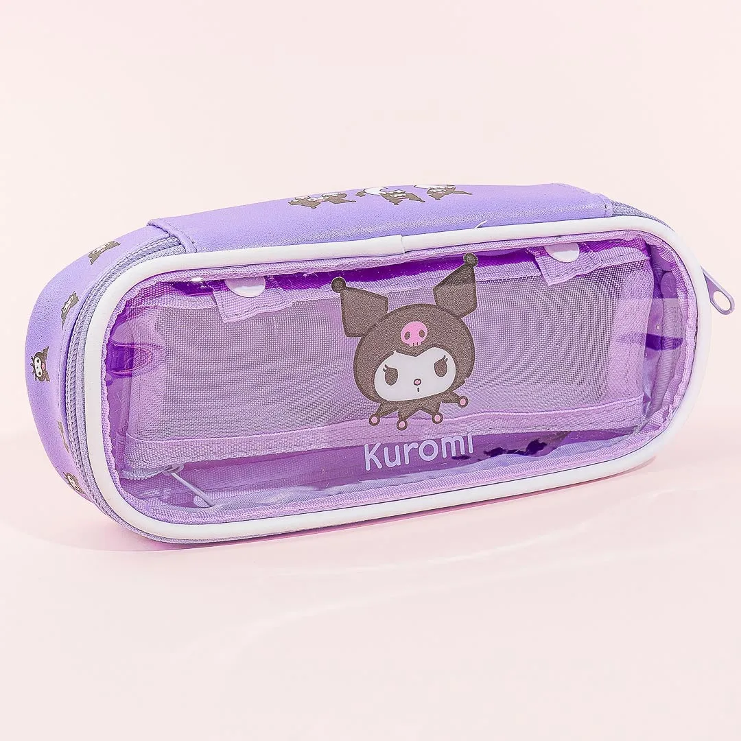 Kuromi Clear Window Oblong Pen Case With Mesh Pouch