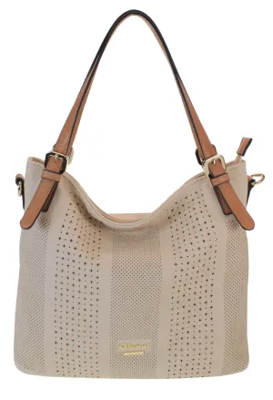 Laser Cut Curved Handbag in Natural with Contrasting Strap