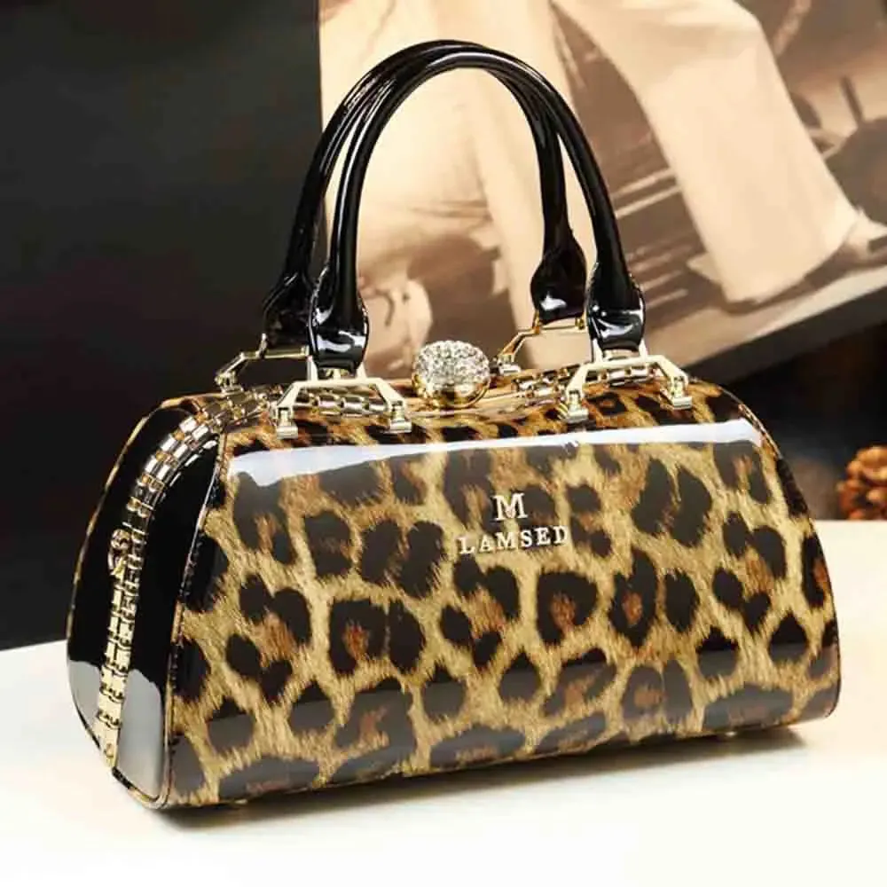 Leather Top Handle Leopard Print Handbag
