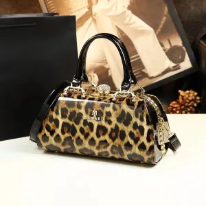 Leather Top Handle Leopard Print Handbag