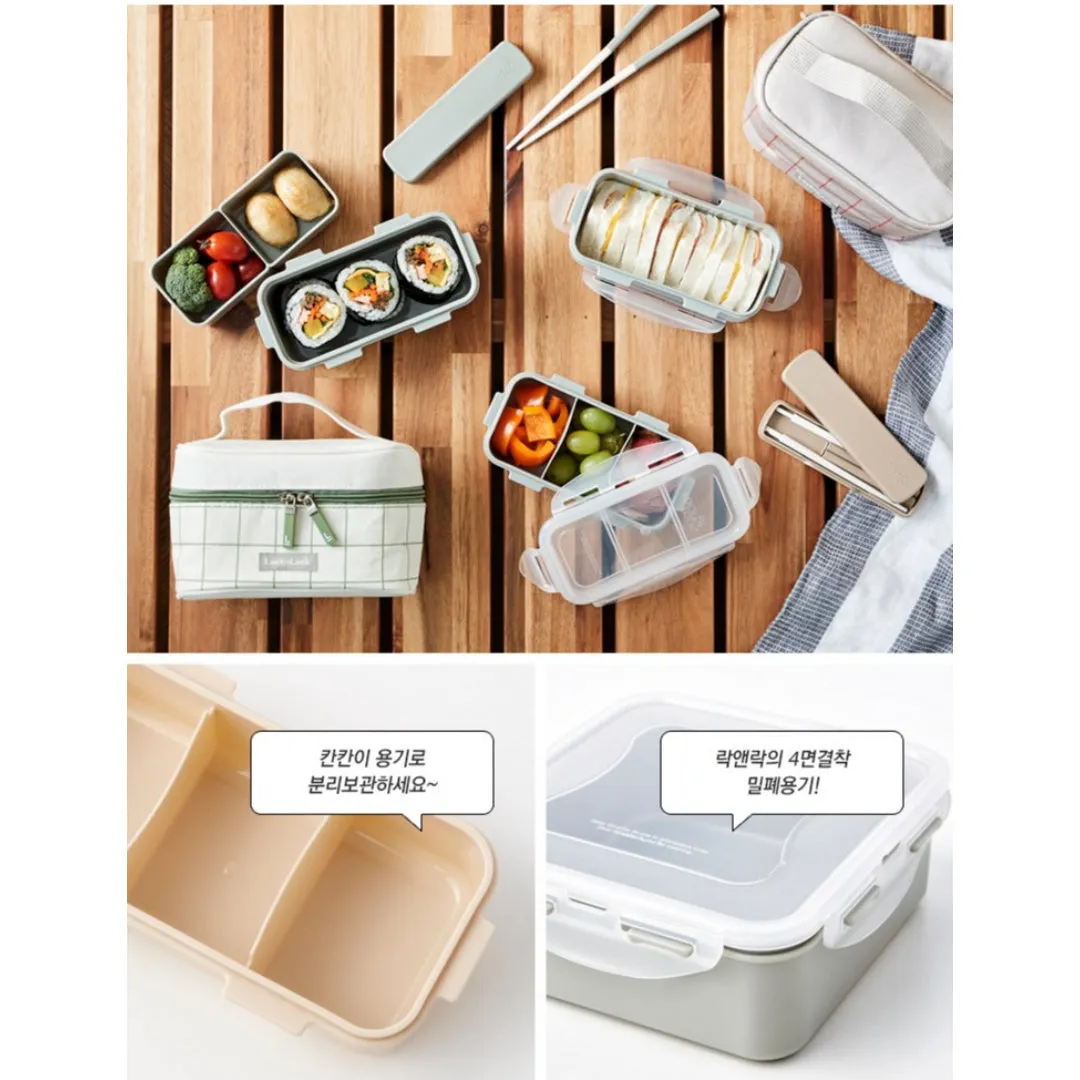 LocknLock 3-Layer Lunch Box Set with Chopsticks   Green Check Pattern Insulated Bag Food Storage Korean Kitchen Picnic Office / from Seoul, Korea