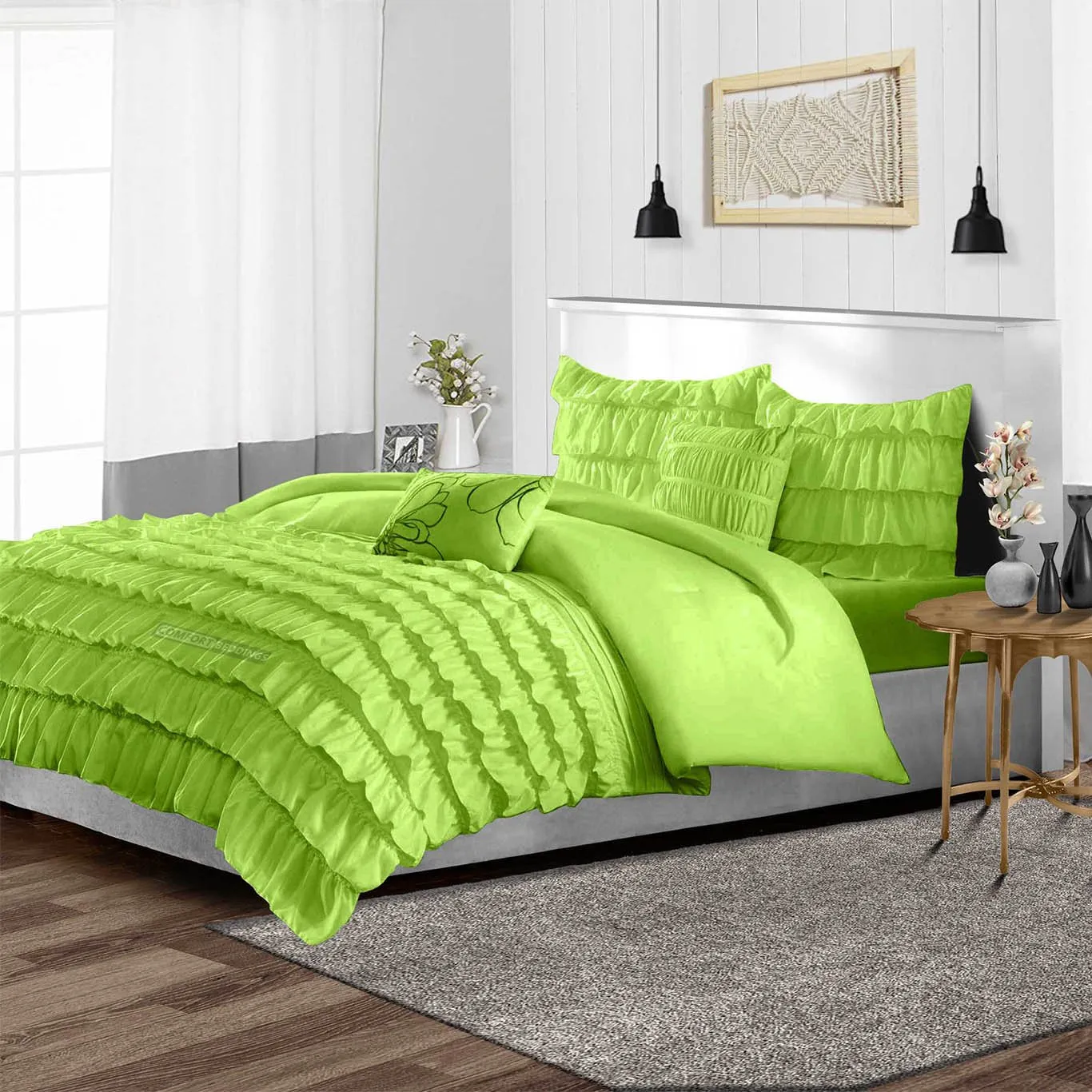 Luxurious Parrot Green Ruffle Duvet Cover Set