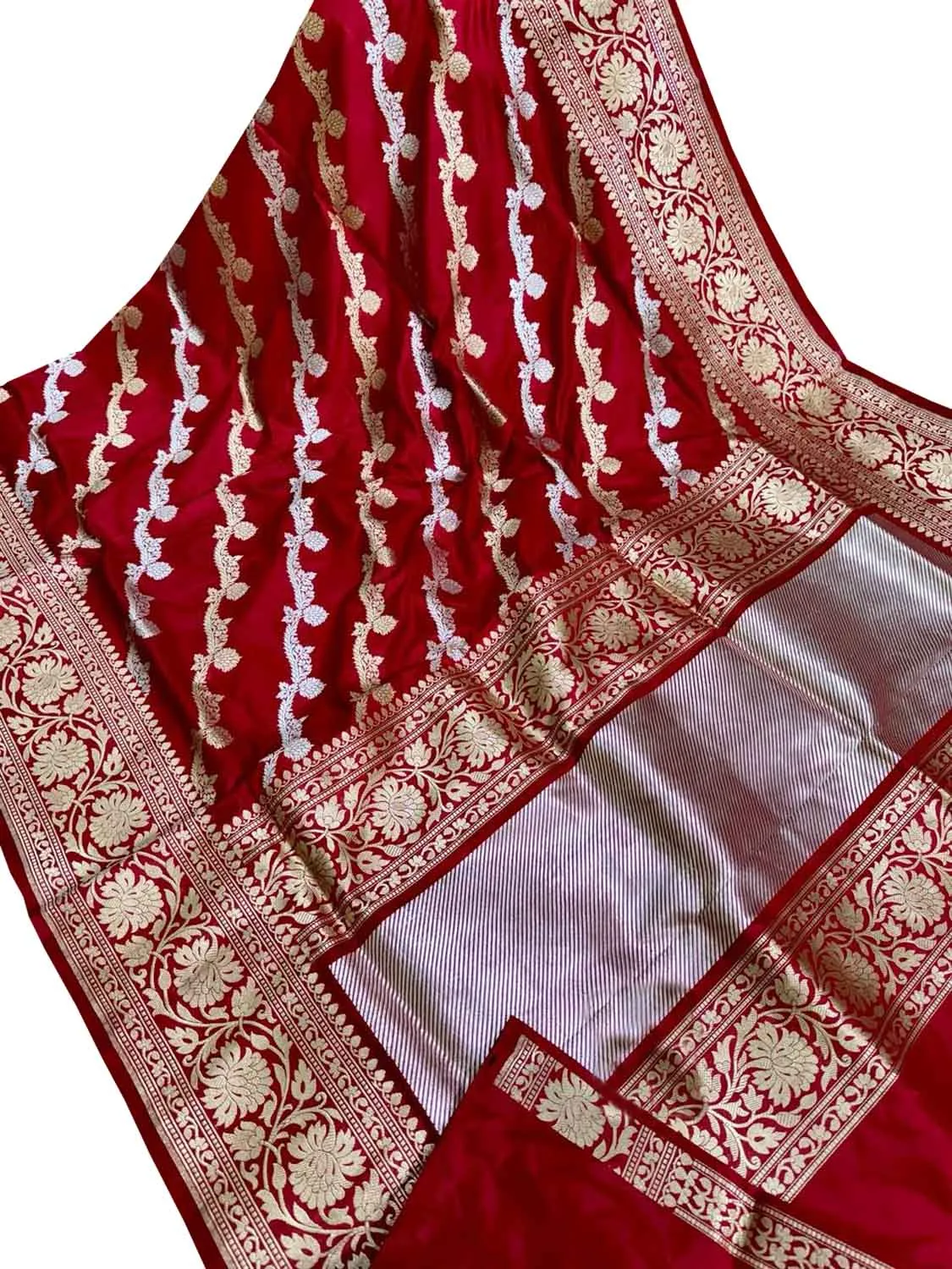 Luxurious Red Banarasi Silk Saree with Diagonal Design
