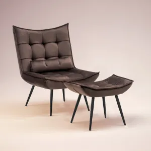 Luxurious Velvet Chair With Ottoman Footrest Brown