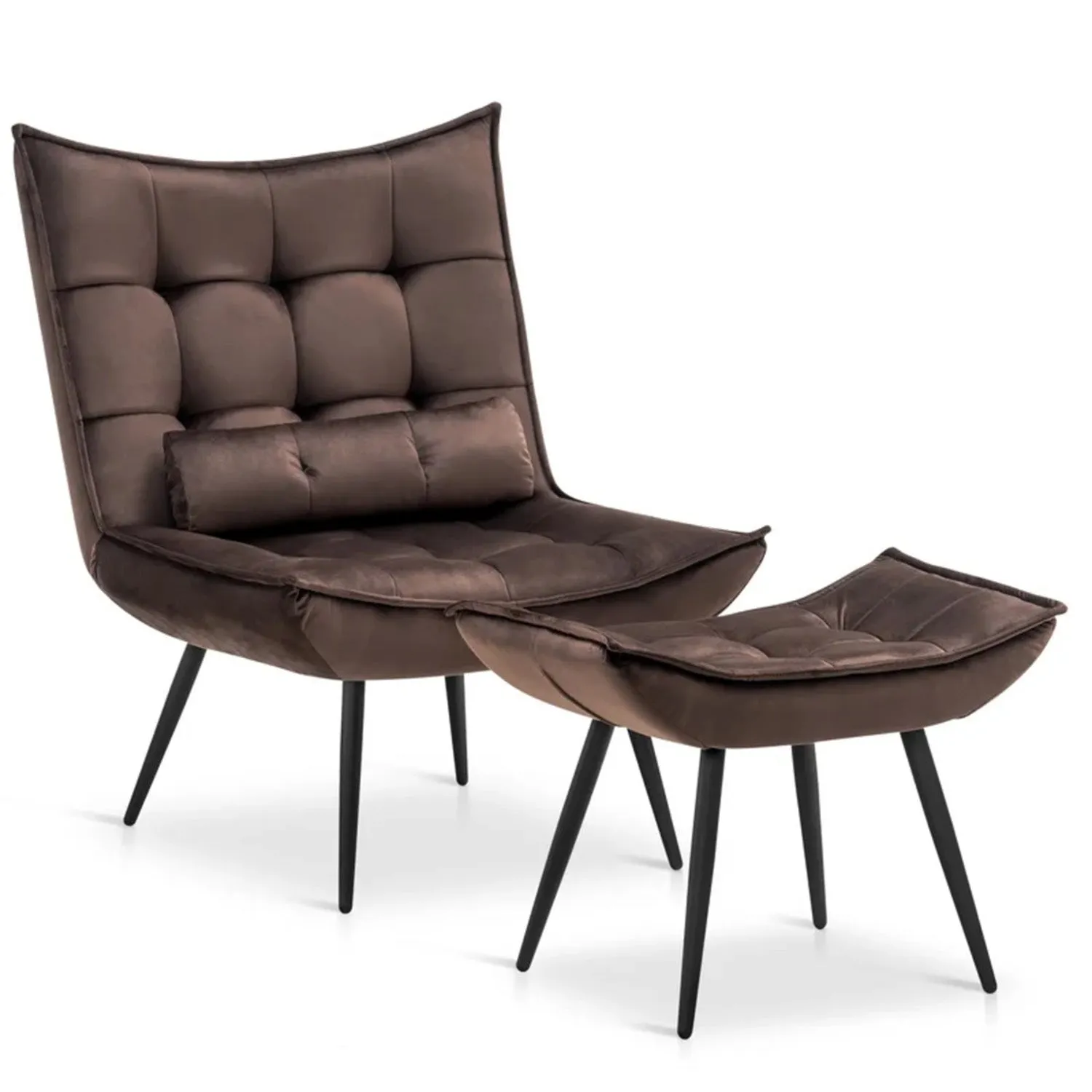 Luxurious Velvet Chair With Ottoman Footrest Brown
