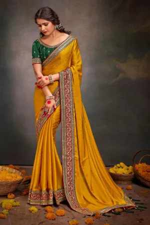 Mustard Color Gorgeous Border Work Satin Fabric Saree