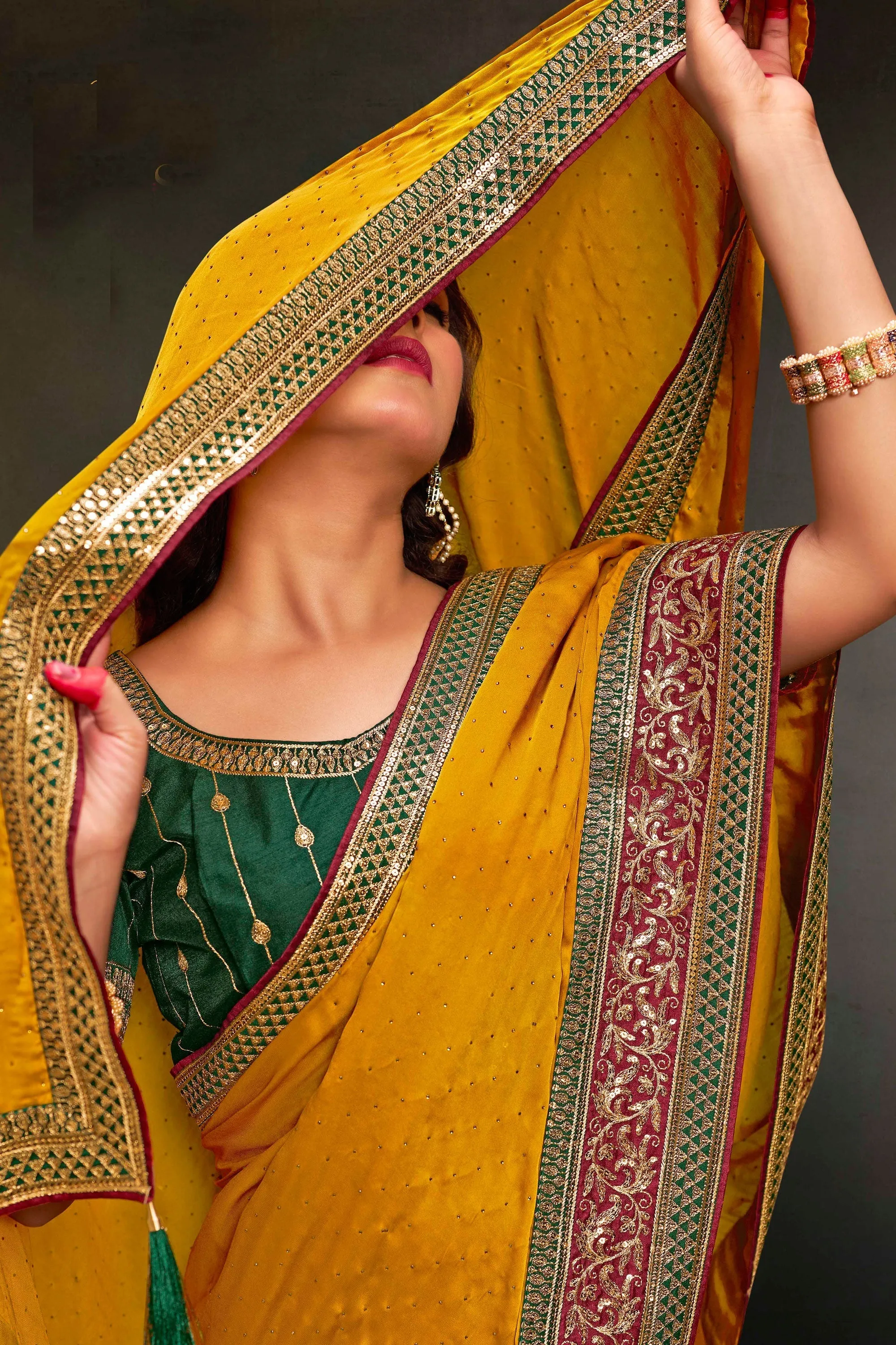 Mustard Color Gorgeous Border Work Satin Fabric Saree