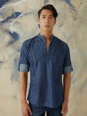 Navy Printed Denim Kurta