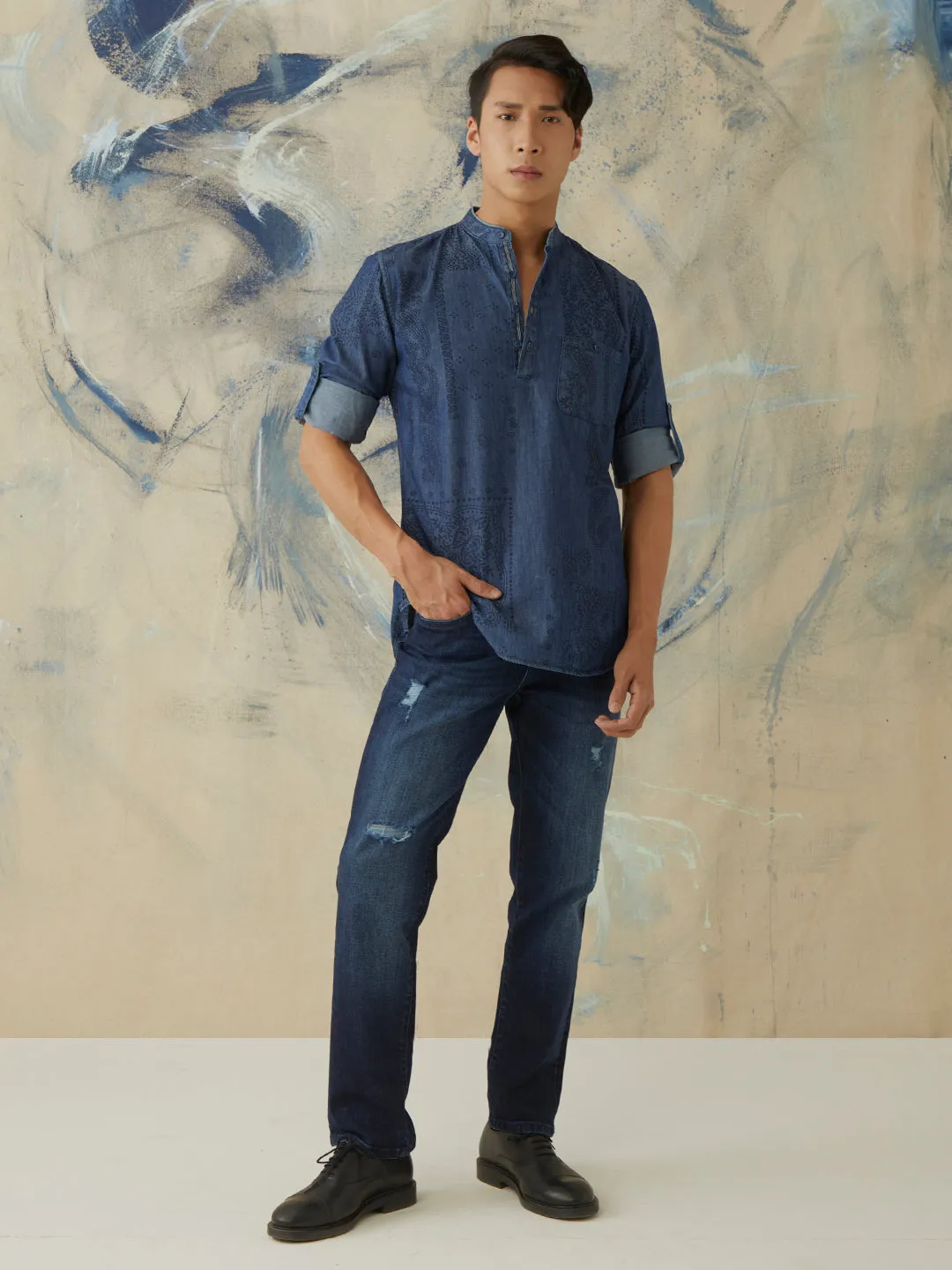 Navy Printed Denim Kurta