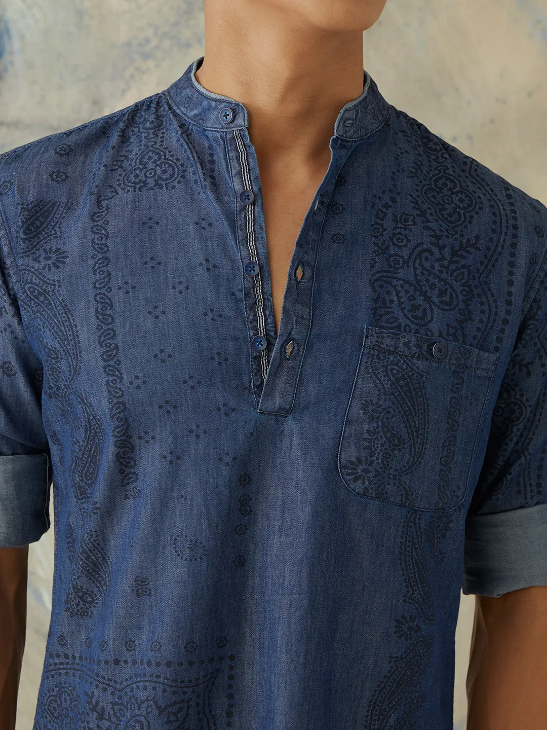 Navy Printed Denim Kurta