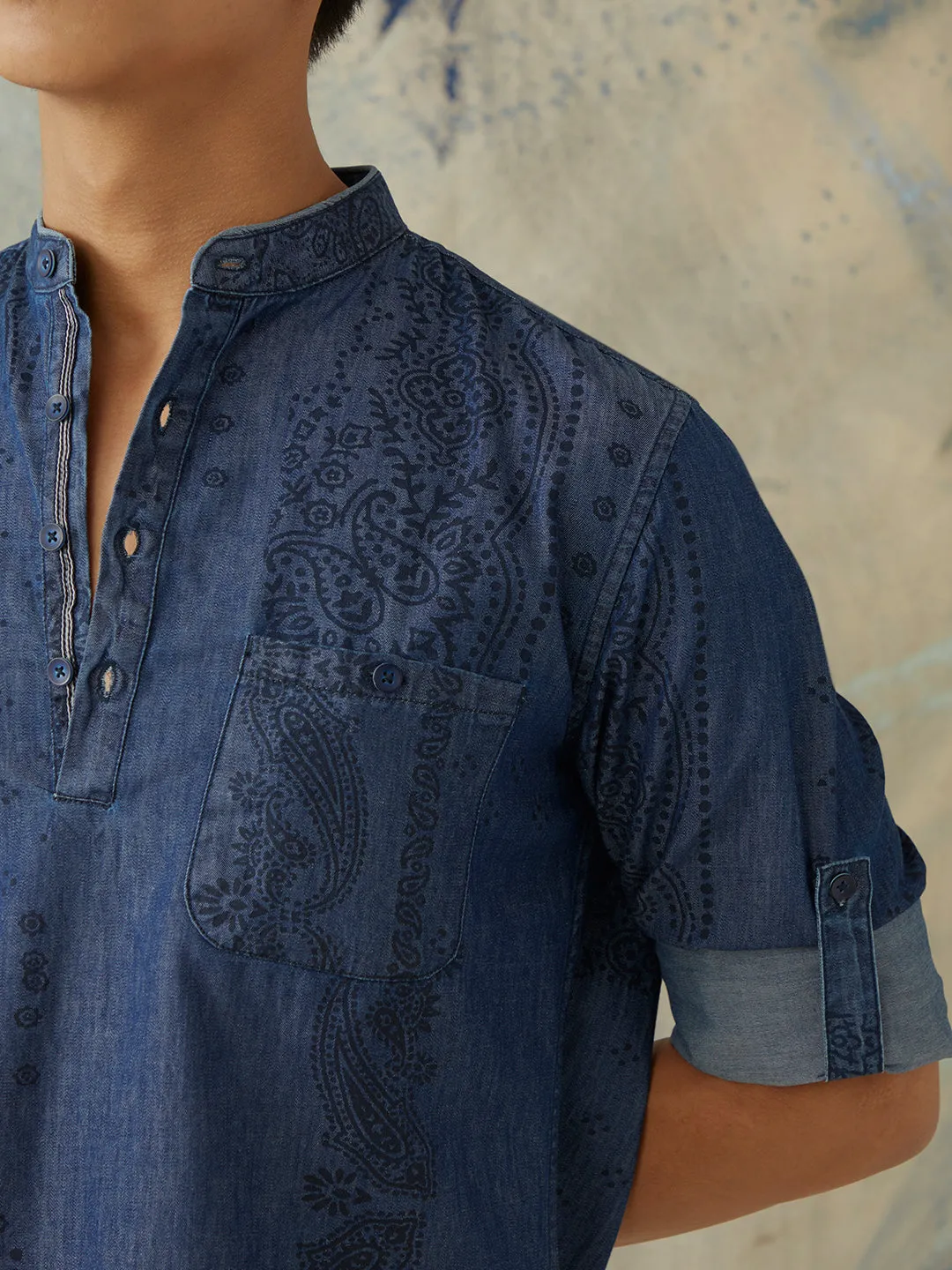 Navy Printed Denim Kurta