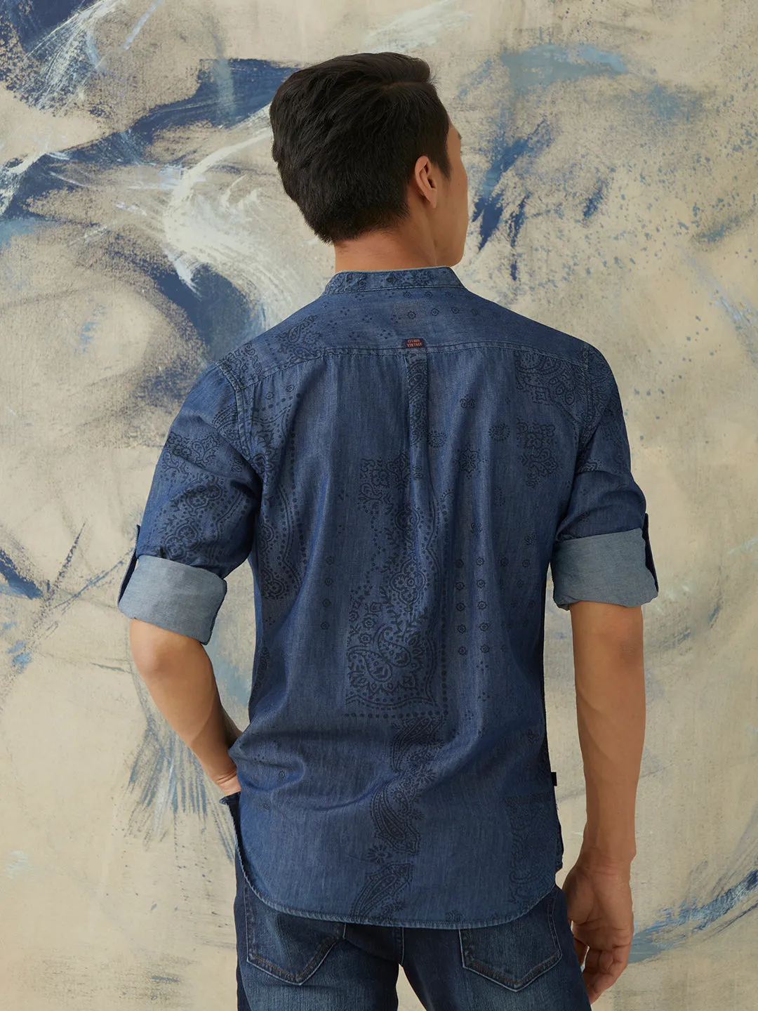 Navy Printed Denim Kurta