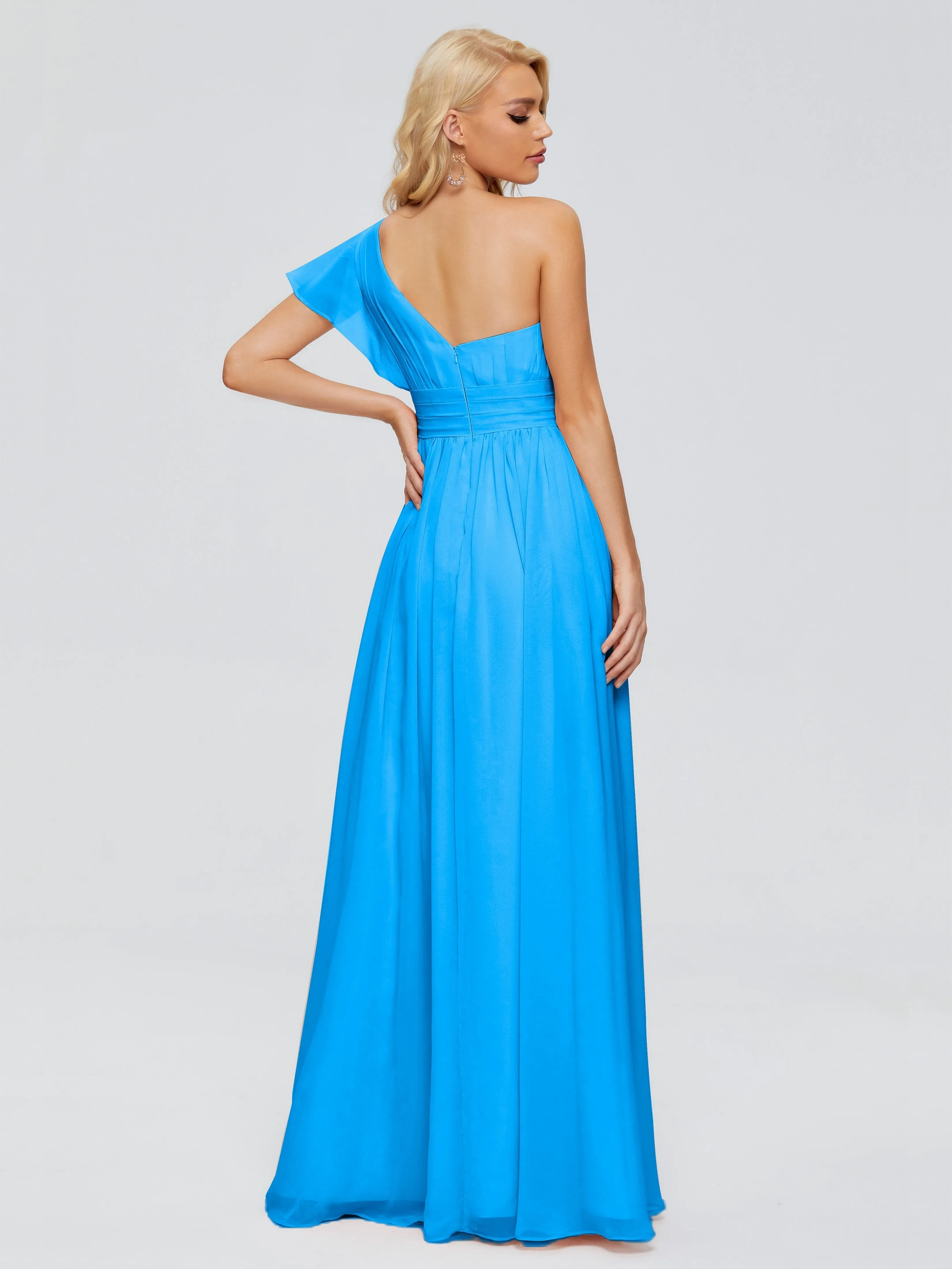Ocean Blue Color Bridesmaid Dresses Rylee Gorgeous One Shoulder Pleated Chiffon Bridesmaid Dresses