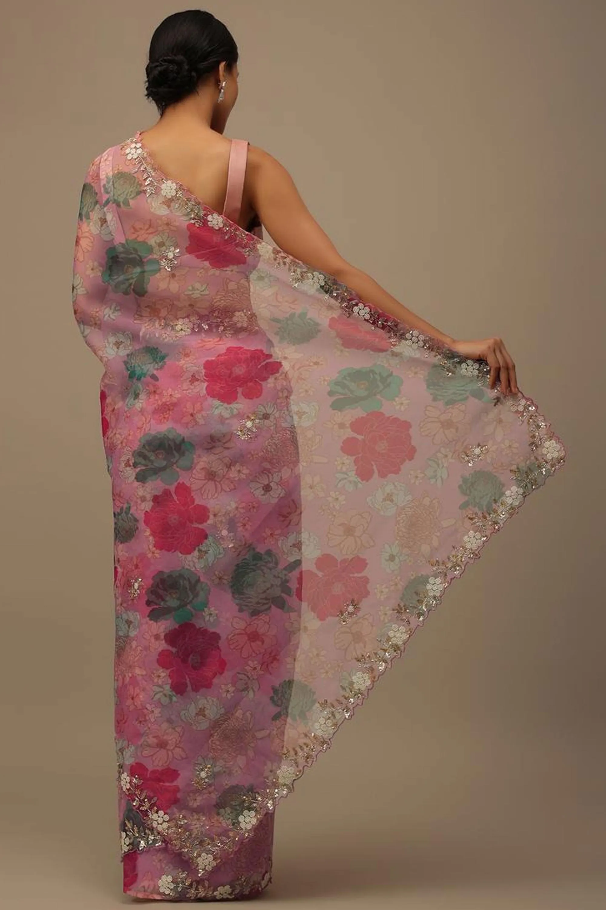 Organza Fabric Luxurious Floral Print Pink Saree