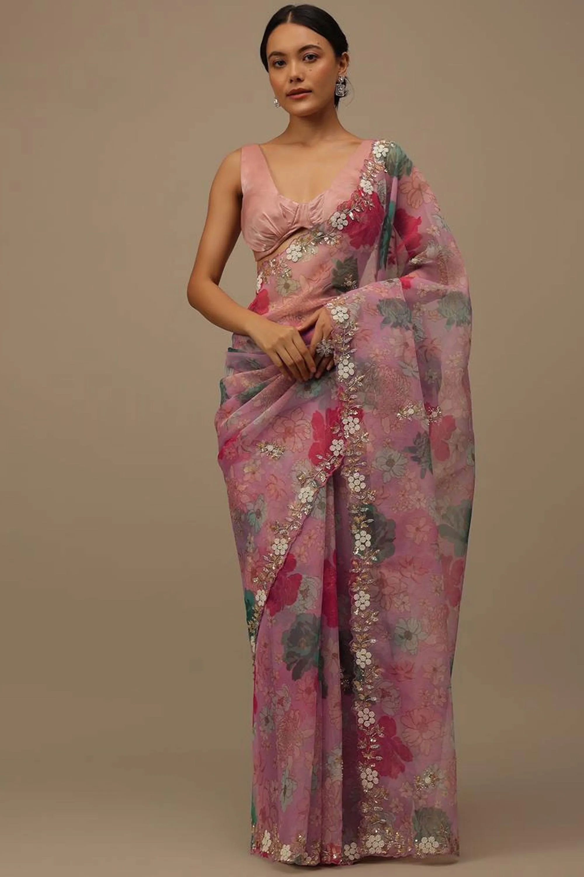 Organza Fabric Luxurious Floral Print Pink Saree