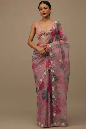 Organza Fabric Luxurious Floral Print Pink Saree