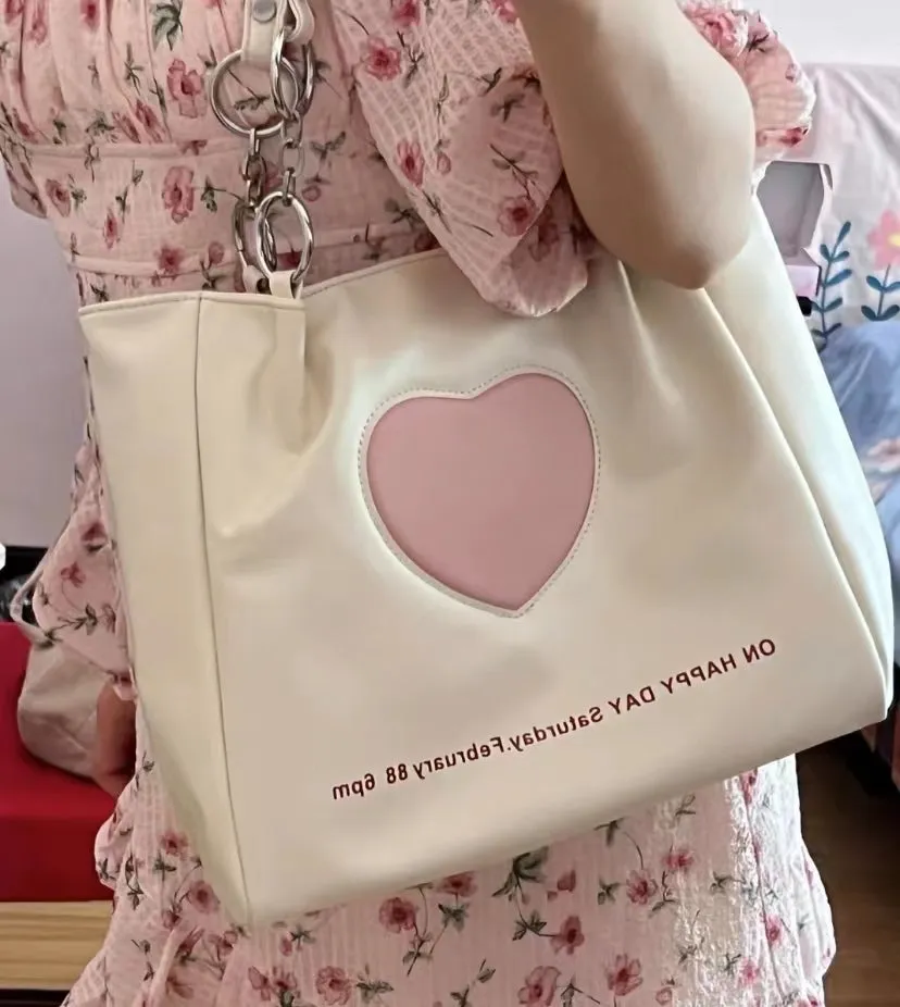 Pink Heart White Student Shoulder Messenger Bag