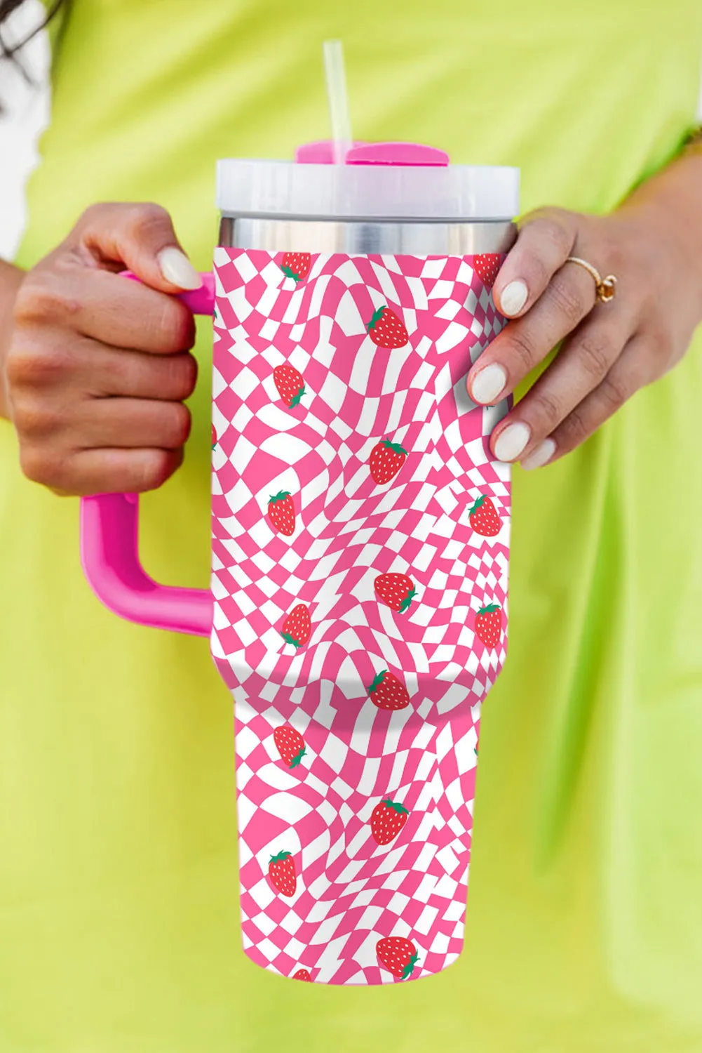 Rose Red Strawberry & Checkered Print Handled Tumbler 40oz