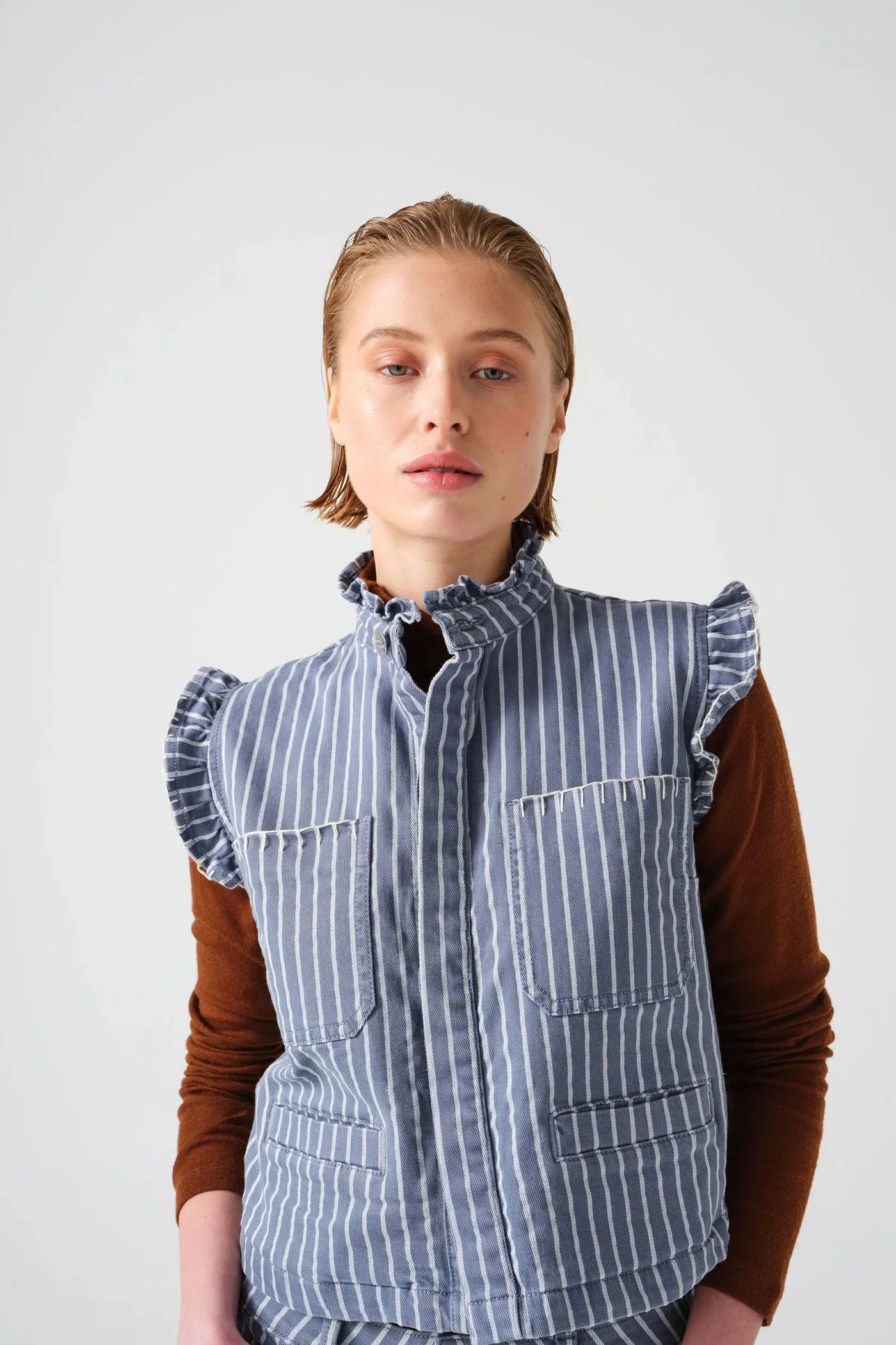 Seventy   Mochi Pablo Washed Denim Wide Stripe Waistcoat