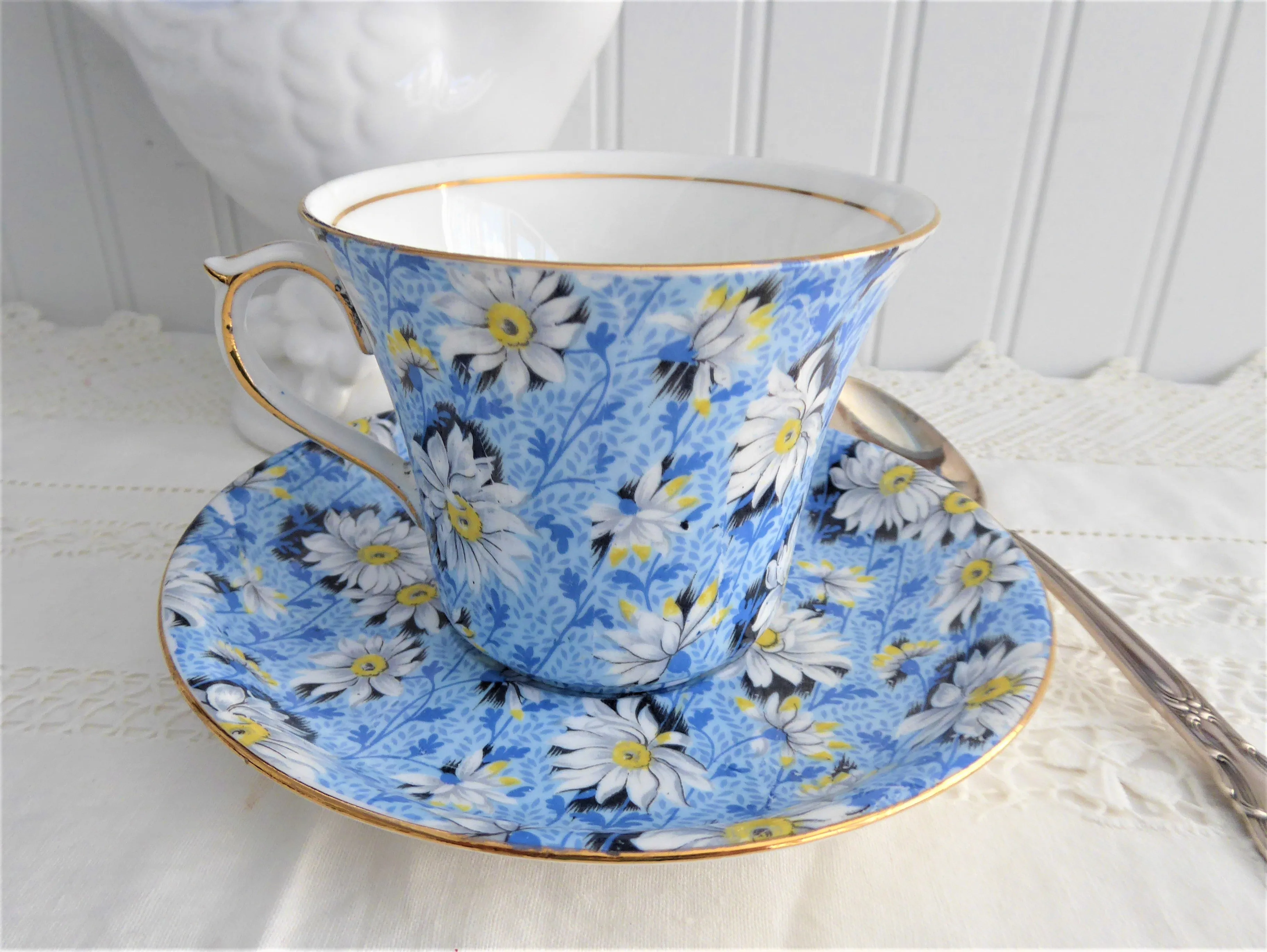 Shelley Blue Daisy Chintz Cup and Saucer Rare Dorothy Shape England Teacups