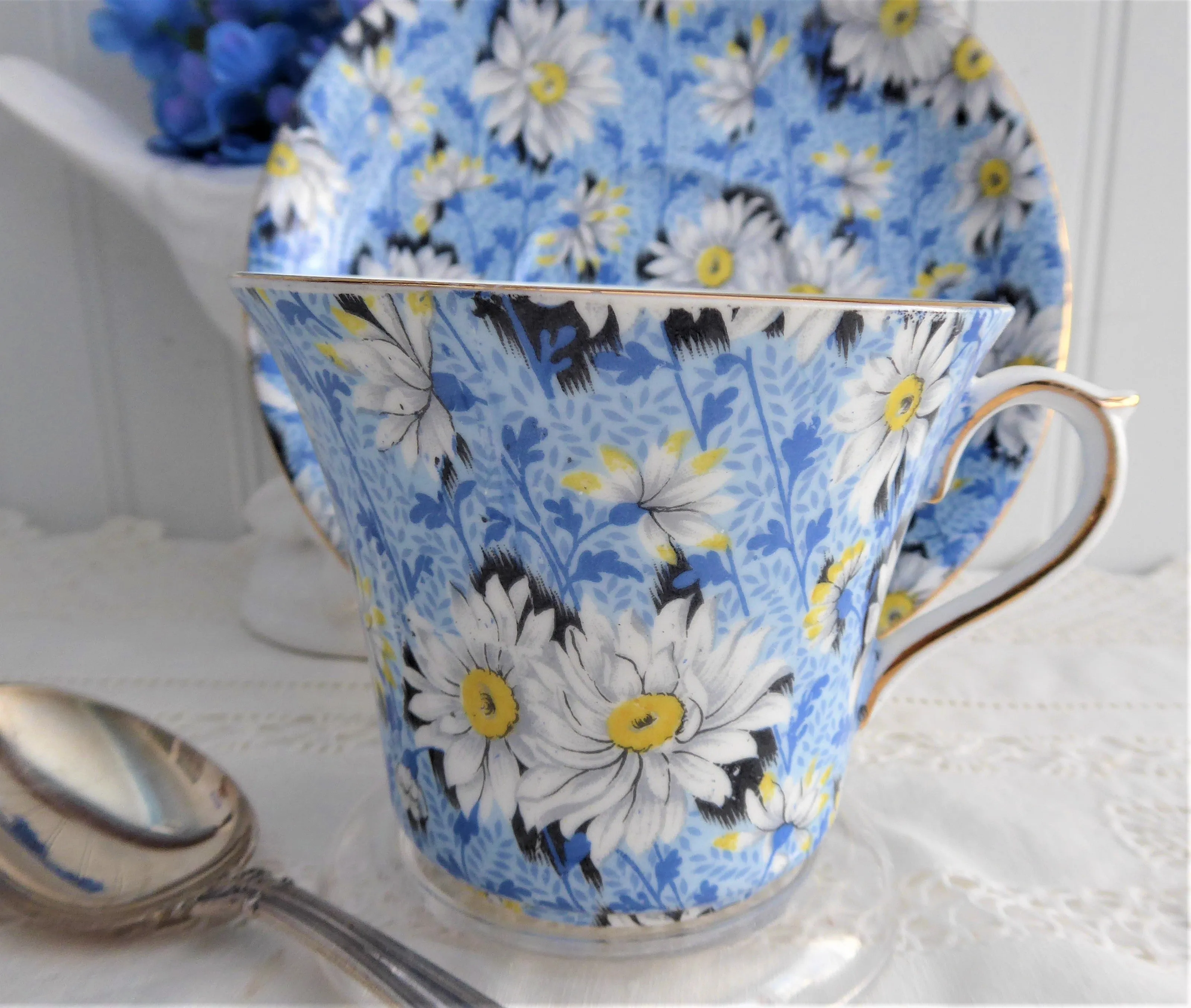 Shelley Blue Daisy Chintz Cup and Saucer Rare Dorothy Shape England Teacups