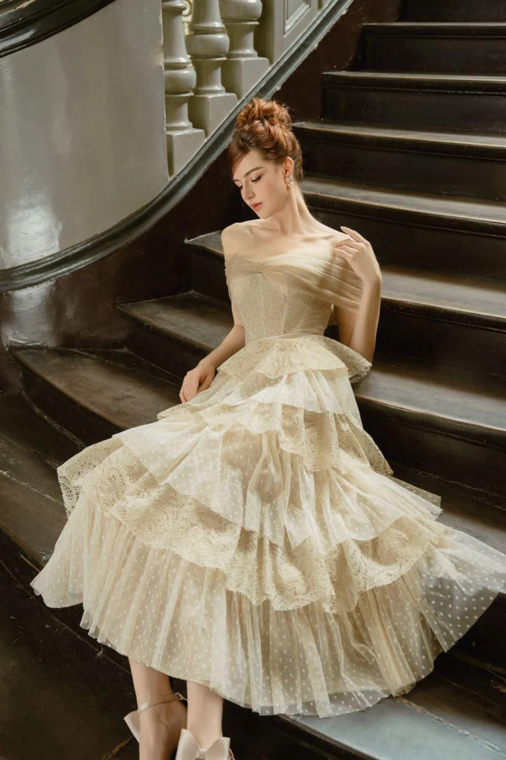 Solara Layered Off-Shoulder Tulle Ankle Length Dress
