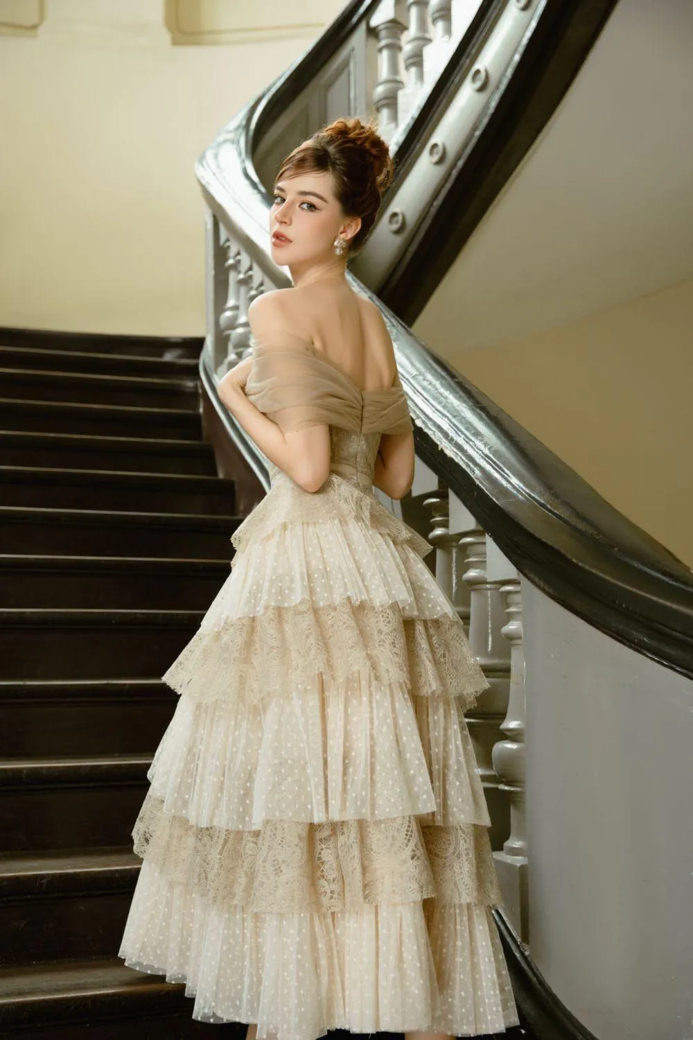 Solara Layered Off-Shoulder Tulle Ankle Length Dress