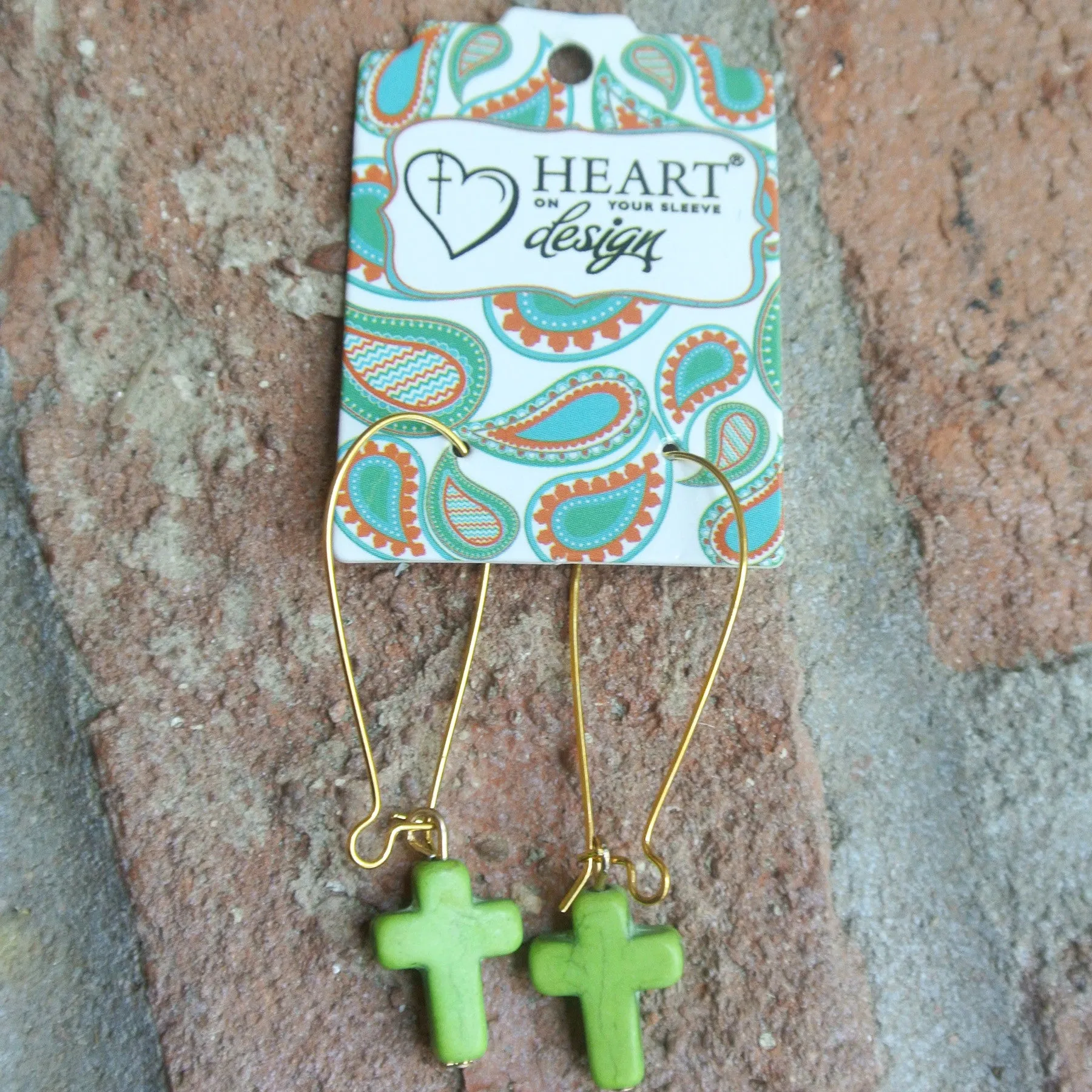 Stone Cross Green Earrings