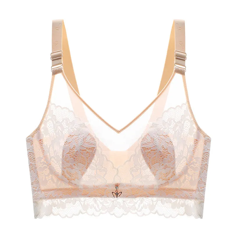 Summer Ultra-thin French Lace Bra for Big Breasts, Small and Slimming, Gathered, Wire-free, Large Size Underwear