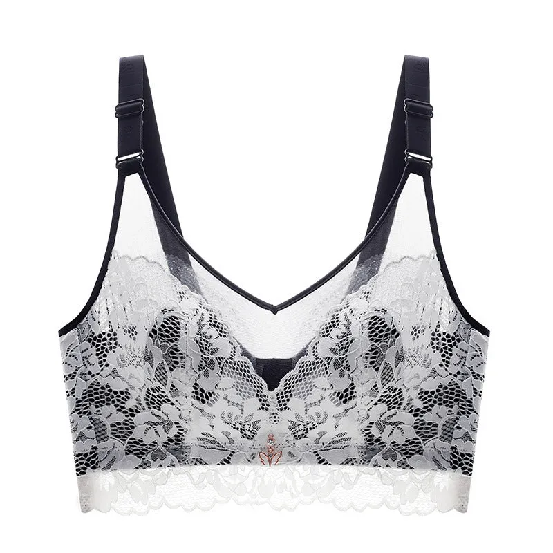 Summer Ultra-thin French Lace Bra for Big Breasts, Small and Slimming, Gathered, Wire-free, Large Size Underwear