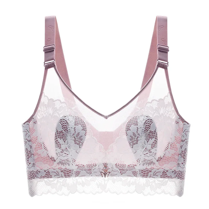 Summer Ultra-thin French Lace Bra for Big Breasts, Small and Slimming, Gathered, Wire-free, Large Size Underwear