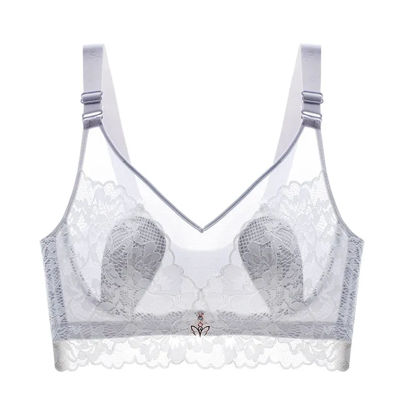 Summer Ultra-thin French Lace Bra for Big Breasts, Small and Slimming, Gathered, Wire-free, Large Size Underwear