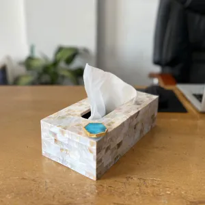 Suzzaine Handcrafted Mother Of Pearl & Agate Tissue Box - Turquoise & Beige