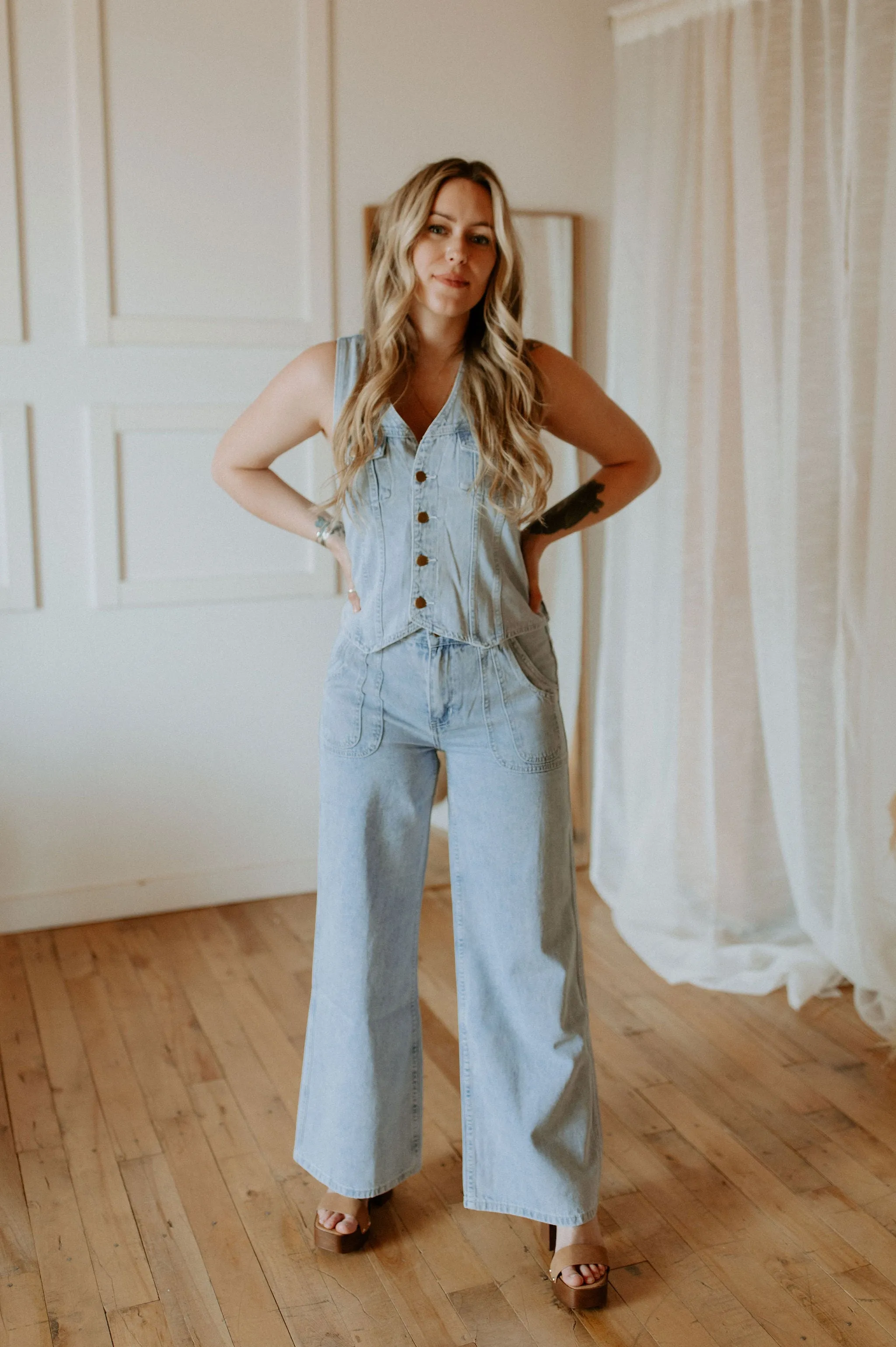 The Jones Wide Leg Denim Pants - Light Blue
