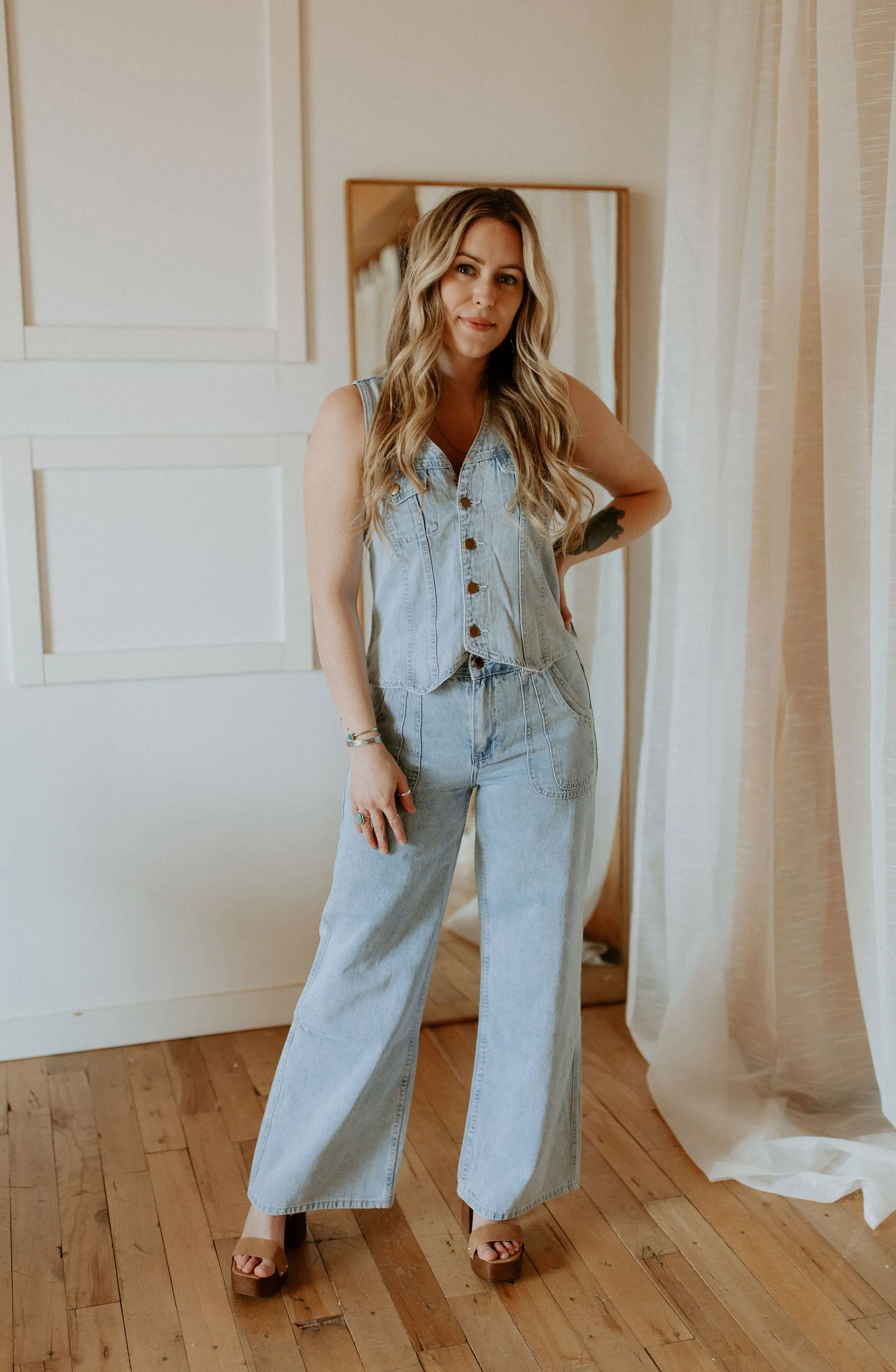 The Jones Wide Leg Denim Pants - Light Blue