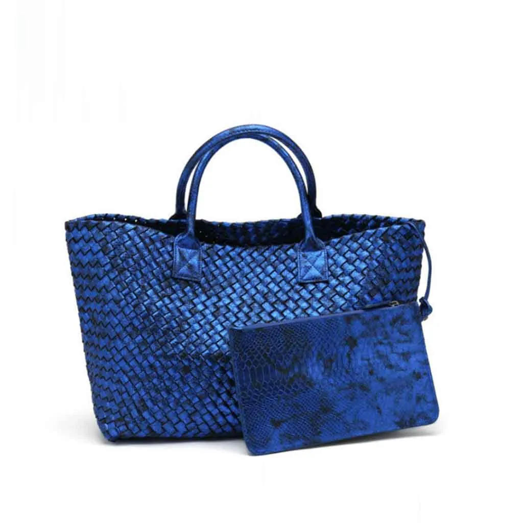The Nicola Weave Tote Bag in metallic blue
